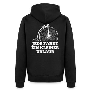 Mit dem Hochrad ist jede Fahrt ein kleiner Urlaub - Unisex Premium Bio Zip Hoodie - Schwarz - Hinten - Nico (187cm)