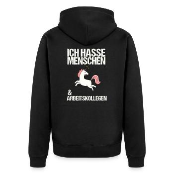 Ich hasse Menschen & Arbeitskollegen Spruch - Unisex Premium Bio Zip Hoodie - Schwarz - Hinten - Nico (187cm)