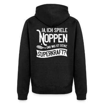 Ja ich spiele Noppen und was ist deine Superkraft? - Unisex Premium Bio Zip Hoodie - Schwarz - Hinten - Nico (187cm)