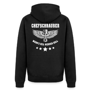 Schrauber Spruch Geil Chefschrauber - Unisex Premium Bio Zip Hoodie - Schwarz - Hinten - Nico (187cm)