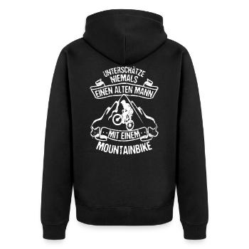 Alter Mann mit Mountainbike MTB Rad Mountain - Unisex Premium Bio Zip Hoodie - Schwarz - Hinten - Nico (187cm)