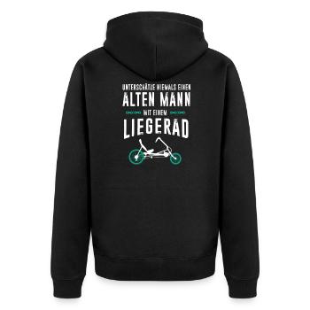 Alter Mann auf Liegerad - Unisex Premium Bio Zip Hoodie - Schwarz - Hinten - Nico (187cm)