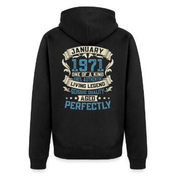 Né en janvier 1971 Legends 50e anniversaire - Veste à capuche bio Premium Unisexe - noir - Dos - Nico (187cm)