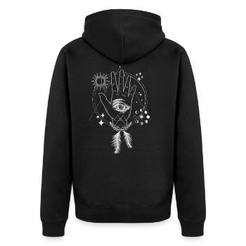Mystische Hand Allsehendes Auge Boho Bohemian - Unisex Premium Bio Zip Hoodie - Schwarz - Hinten - Nico (187cm)