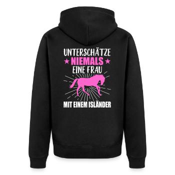 Reiter Unterschätze Niemals Eine Frau Mit Isländer - Unisex Premium Bio Zip Hoodie - Schwarz - Hinten - Nico (187cm)