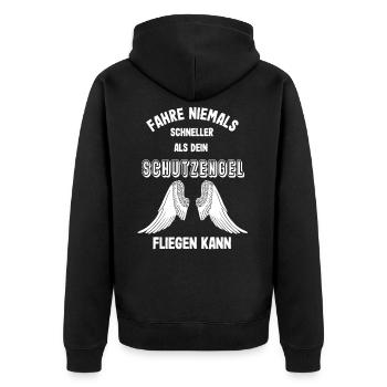 Fahr niemals schneller als dein Schutzengel fliegt - Unisex Premium Bio Zip Hoodie - Schwarz - Hinten - Nico (187cm)