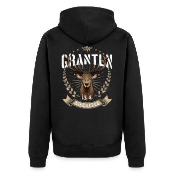 Grantln is a lifestyle Hirsch Grantler Bayern - Unisex Premium Bio Zip Hoodie - Schwarz - Hinten - Nico (187cm)