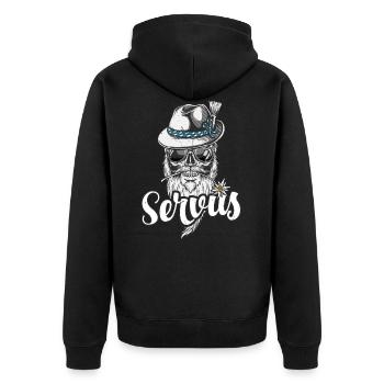 Servus Bekleidung Bayern Dialekt - Unisex Premium Bio Zip Hoodie - Schwarz - Hinten - Nico (187cm)