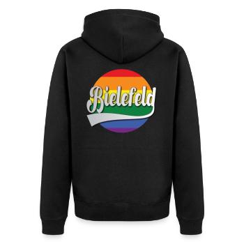 Bielefeld Regenbogen Tshirt Geschenk - Unisex Premium Bio Zip Hoodie - Schwarz - Hinten - Nico (187cm)