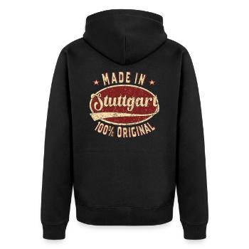 Made in Stuttgart 100 % original Stuttgarter Retro - Unisex Premium Bio Zip Hoodie - Schwarz - Hinten - Nico (187cm)