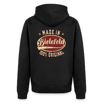 Made in Bielefeld 100 % original Bielefelder retro - Unisex Premium Bio Zip Hoodie - Schwarz - Hinten - Nico (187cm)