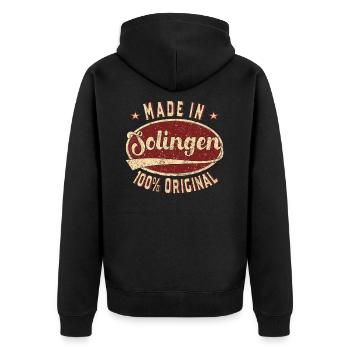 Made in Solingen 100 % original Solinger Retro - Unisex Premium Bio Zip Hoodie - Schwarz - Hinten - Nico (187cm)