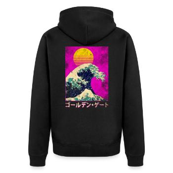 Grosse Welle in Japan im Vaporwave Stil - Unisex Premium Bio Zip Hoodie - Schwarz - Hinten - Nico (187cm)