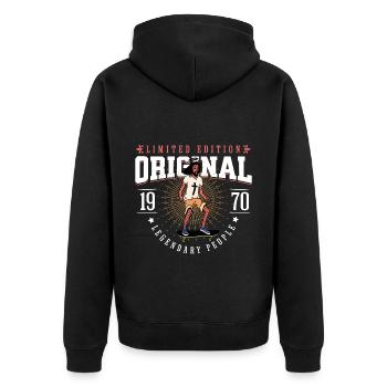 geboren 1970 Vintage Jahrgang 1970 Jesus Design - Unisex Premium Bio Zip Hoodie - Schwarz - Hinten - Nico (187cm)