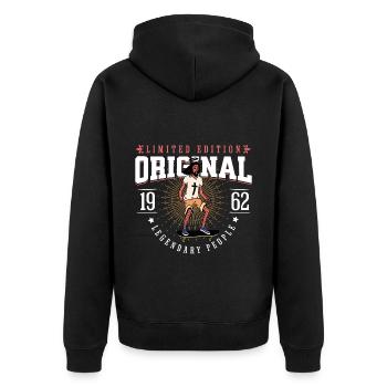 geboren 1962 Vintage Jahrgang 1962 Jesus Design - Unisex Premium Bio Zip Hoodie - Schwarz - Hinten - Nico (187cm)