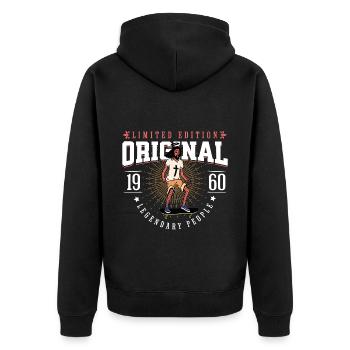 geboren 1960 Vintage Jahrgang 1960 Jesus Design - Unisex Premium Bio Zip Hoodie - Schwarz - Hinten - Nico (187cm)
