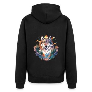Wolf Wolfskopf Natur Wildnis Wald Bäume Kunst - Unisex Premium Bio Zip Hoodie - Schwarz - Hinten - Nico (187cm)