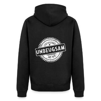 Zertifiziert Unbeugsam Seit 1970 Slogan Stolz - Unisex Premium Bio Zip Hoodie - Schwarz - Hinten - Nico (187cm)