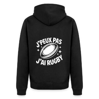 I Can't, I Have Rugby – Humorvolles T-Shirt - Unisex Premium Bio Zip Hoodie - Schwarz - Hinten - Nico (187cm)