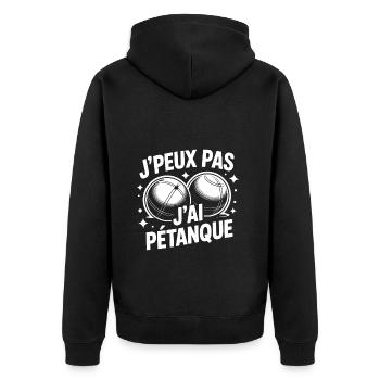 Ich kann nicht, ich habe Pétanque – T-Shirt-Humorbälle - Unisex Premium Bio Zip Hoodie - Schwarz - Hinten - Nico (187cm)