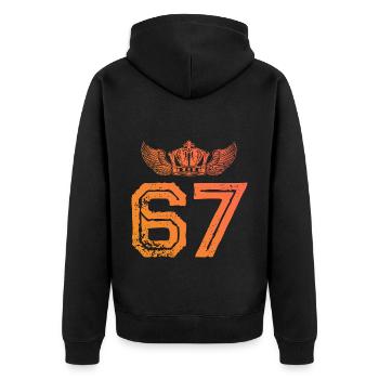 67 Zahl Krone - Unisex Premium Bio Zip Hoodie - Schwarz - Hinten - Nico (187cm)