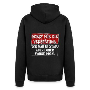 verspätung stau weiss - Unisex Premium Bio Zip Hoodie - Schwarz - Hinten - Nico (187cm)