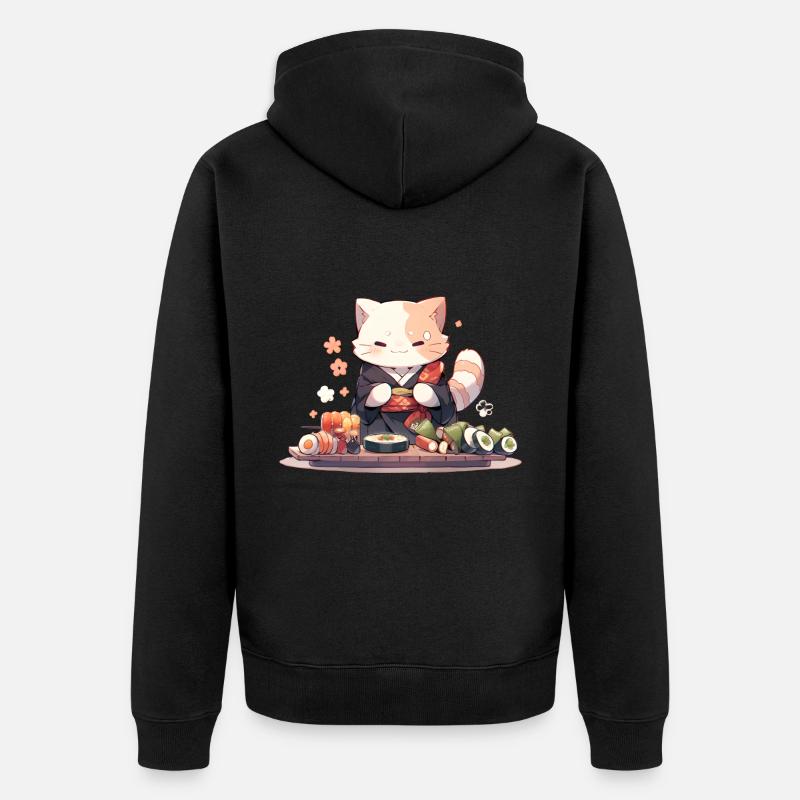 Chat samouraï mange des sushis - Veste à capuche bio Premium Unisexe - noir