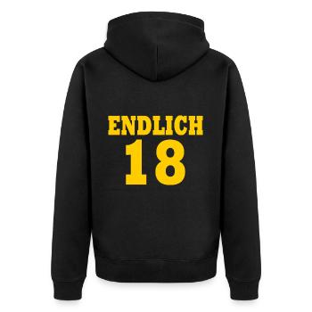 Endlich 18 - Unisex Premium Bio Zip Hoodie - Schwarz - Hinten - Nico (187cm)