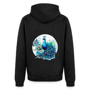 Pfau Blumen Pfauenfeder Exotisch Farbenfroh Bunt - Unisex Premium Bio Zip Hoodie - Schwarz - Hinten - Nico (187cm)