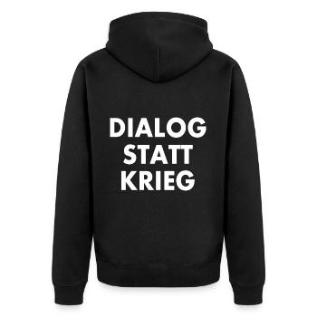 dialog statt krieg - Unisex Premium Bio Zip Hoodie - Schwarz - Hinten - Nico (187cm)