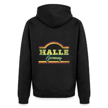 Halle Deutschland Stadt Schrift Vintage Retro - Unisex Premium Bio Zip Hoodie - Schwarz - Hinten - Nico (187cm)