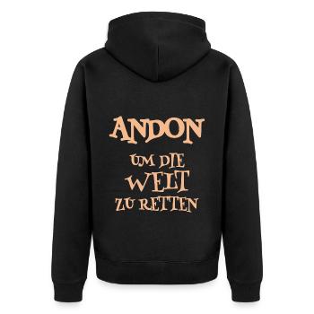 Geschenk für Andon - Unisex Premium Bio Zip Hoodie - Schwarz - Hinten - Nico (187cm)