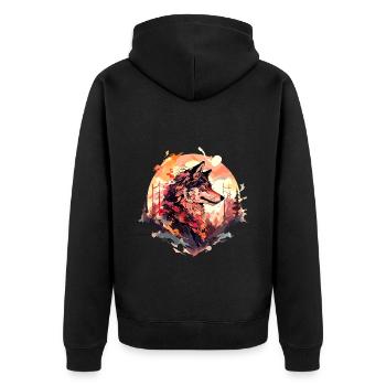 Wolf Wolfskopf Natur Wildnis Wald Bäume Kunst - Unisex Premium Bio Zip Hoodie - Schwarz - Hinten - Nico (187cm)