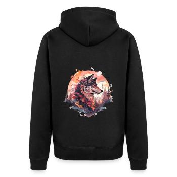 Wolf Wolfskopf Natur Wildnis Wald Bäume Kunst - Unisex Premium Bio Zip Hoodie - Schwarz - Hinten - Nico (187cm)