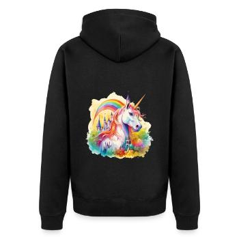 Einhorn Regenbogen Schloss Bunt Magie Fantasie - Unisex Premium Bio Zip Hoodie - Schwarz - Hinten - Nico (187cm)