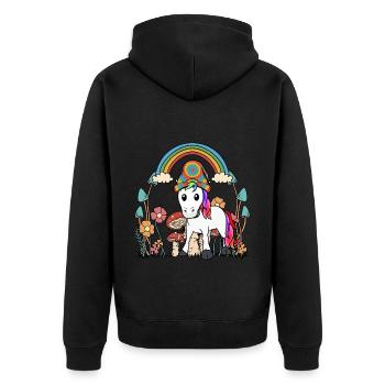autumn, flowers, mushrooms, unicorn, nature, colorful, october - Unisex Premium Organic Zip Hoodie - black - Back - Nico (187cm)