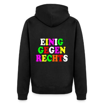 Einig gegen rechts - Unisex Premium Bio Zip Hoodie - Schwarz - Hinten - Nico (187cm)