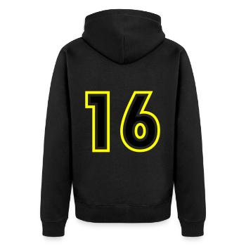 16 Zahl College - Unisex Premium Bio Zip Hoodie - Schwarz - Hinten - Nico (187cm)