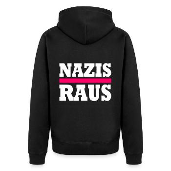 Nazis raus - Unisex Premium Bio Zip Hoodie - Schwarz - Hinten - Nico (187cm)