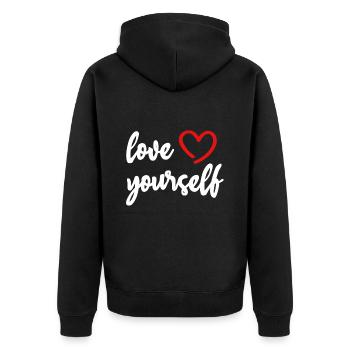 love yourself Herz Motivation Liebe - Unisex Premium Bio Zip Hoodie - Schwarz - Hinten - Nico (187cm)