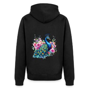Pfau Blumen Pfauenfeder Exotisch Farbenfroh Bunt - Unisex Premium Bio Zip Hoodie - Schwarz - Hinten - Nico (187cm)