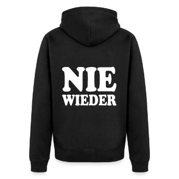 Nie wieder - Unisex Premium Bio Zip Hoodie - Schwarz - Hinten - Nico (187cm)