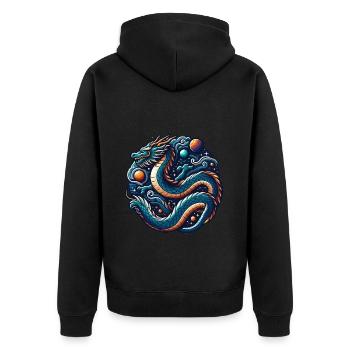 Kosmischer Drache und Planetenkugeln - Unisex Premium Bio Zip Hoodie - Schwarz - Hinten - Nico (187cm)