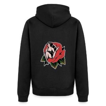 Old-School-Pin up rosa rot - Unisex Premium Bio Zip Hoodie - Schwarz - Hinten - Nico (187cm)