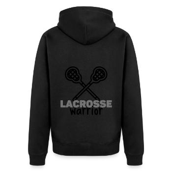 Lacrosse-Krieger - Unisex Premium Bio Zip Hoodie - Schwarz - Hinten - Nico (187cm)