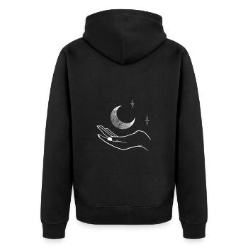 Lune dans la main, dessin style tattoo dotwork - Veste à capuche bio Premium Unisexe - noir - Dos - Nico (187cm)
