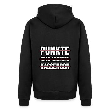 Keine Punkte, kein Geld abheben, kein Kassenbon - Unisex Premium Bio Zip Hoodie - Schwarz - Hinten - Nico (187cm)