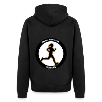Fitness Motivation. Lauf oder Stirb - Unisex Premium Bio Zip Hoodie - Schwarz - Hinten - Nico (187cm)