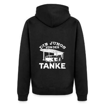 Die Jungs von der Tanke Geschenk lustig Spruch - Unisex Premium Bio Zip Hoodie - Schwarz - Hinten - Nico (187cm)