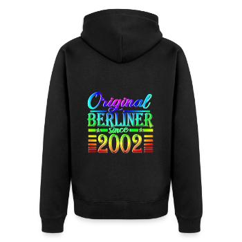 berliner original since 2002 bunt Regenbogen - Unisex Premium Bio Zip Hoodie - Schwarz - Hinten - Nico (187cm)